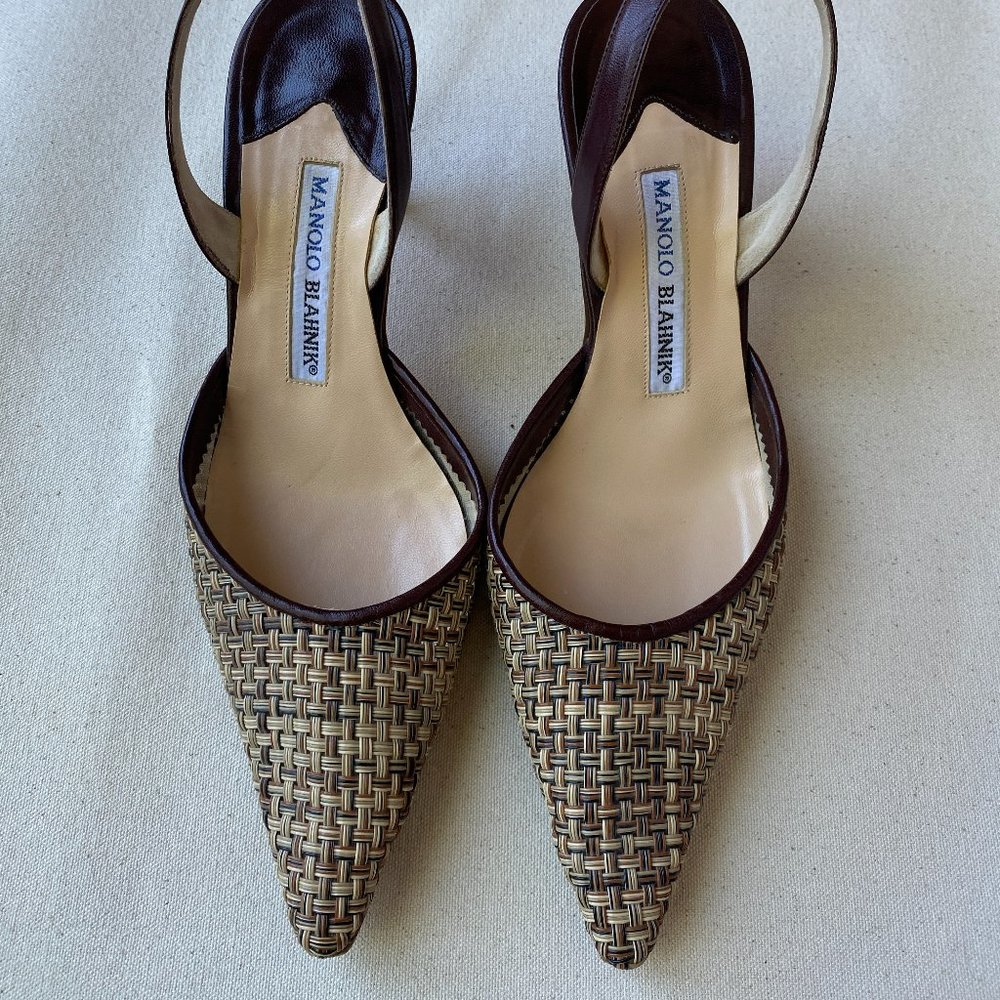 Manolo Blahnik Tan/Brown Woven Pointed Toe Slingback Heels, Size 37 Runs Small